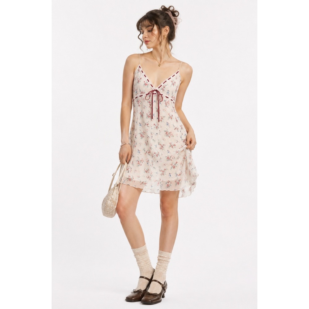 Vintage Y2K Floral Mesh Slip Dress XL Lace Ribbon Coquette Fairy Cottagecore